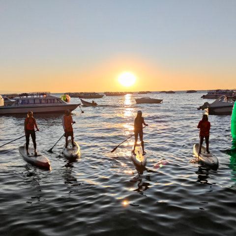 Copacabana Bolivia, first SUP session at sunset